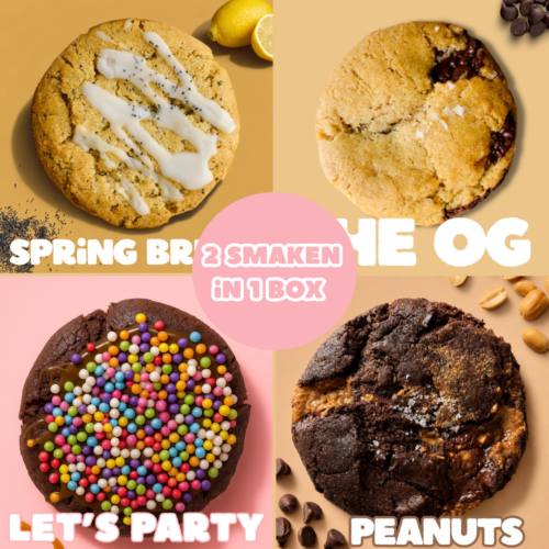 2 smaken in 1 cookiebox Peanuts Double chocolate peanuts cookie, salted chocolate chip cookie, lemon cookie, birthday cookie